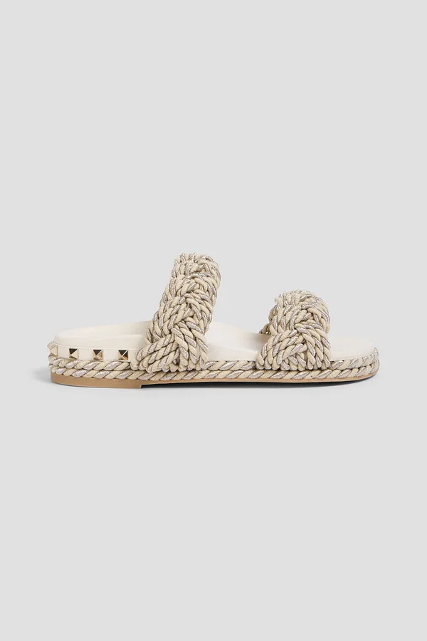 Rockstud leather and metallic cord sandals
