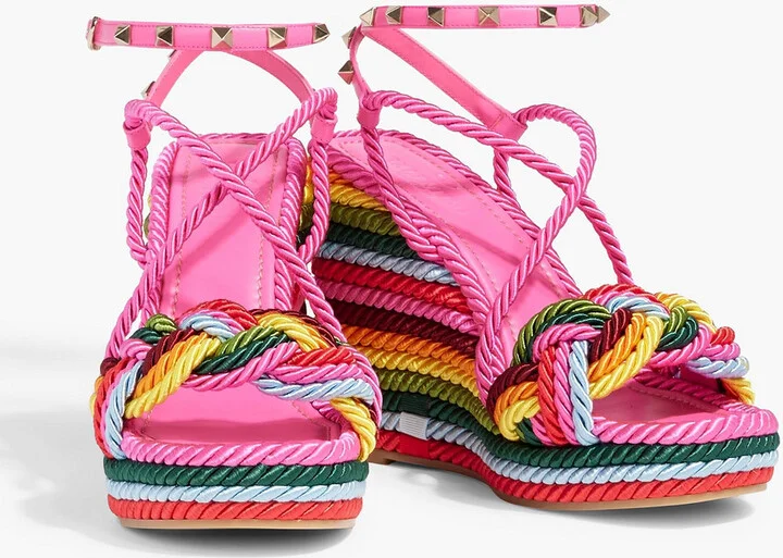 Rockstud leather-trimmed cord wedge sandals - Image 2