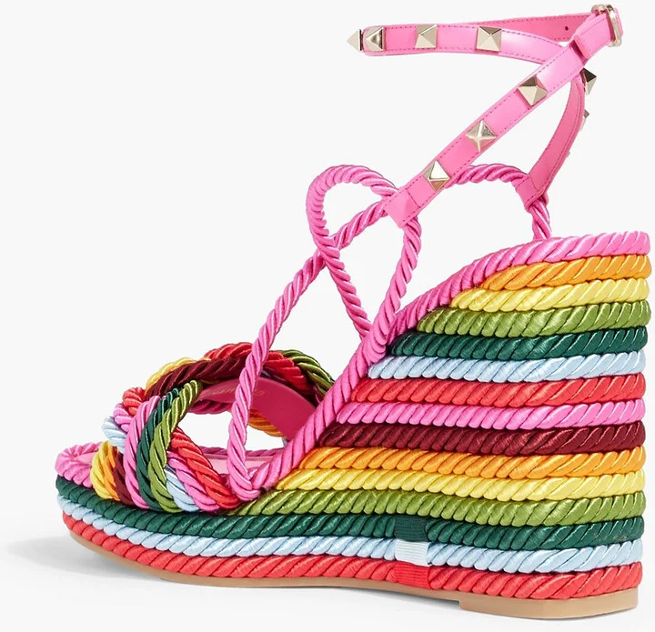 Rockstud leather-trimmed cord wedge sandals - Image 3
