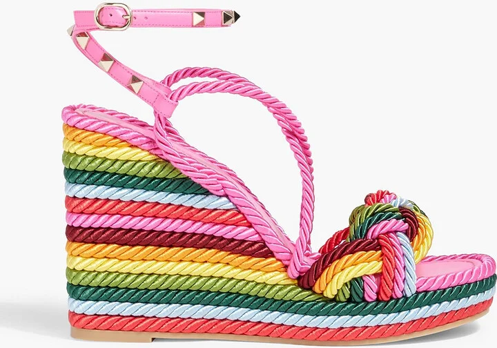 Rockstud leather-trimmed cord wedge sandals