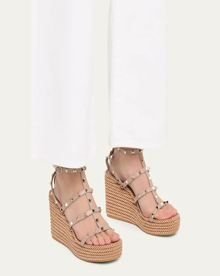 Rockstud Leather Wedge Espadrille Sandals - Image 9
