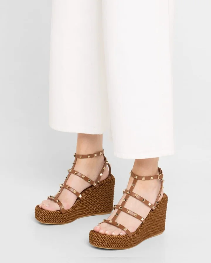 Rockstud Leather Wedge Espadrille Sandals - Image 5