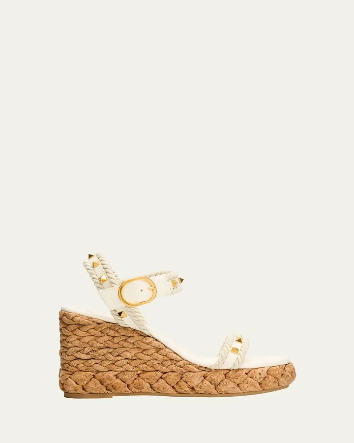 Rockstud Leather Wedge Espadrille Sandals