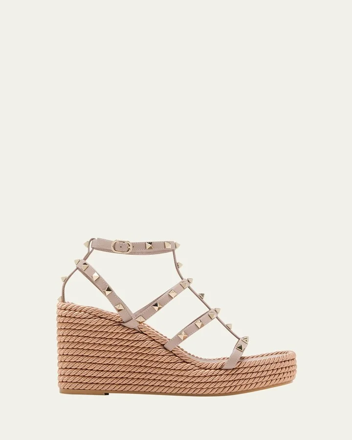 Rockstud Leather Wedge Espadrille Sandals
