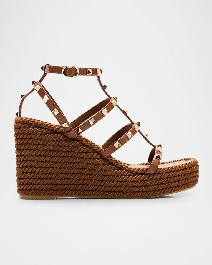 Rockstud Leather Wedge Espadrille Sandals