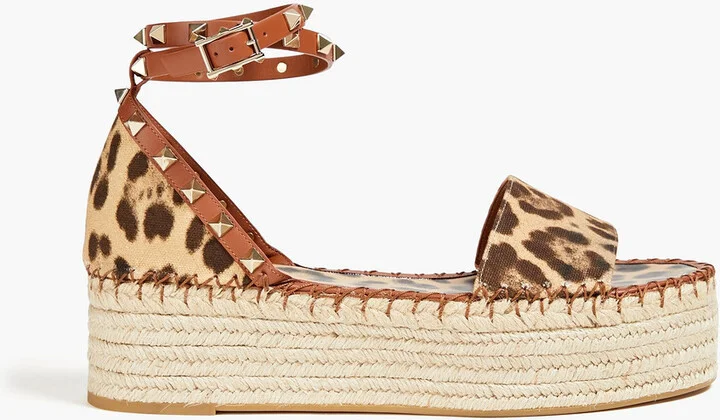 Rockstud leopard-print canvas platform espadrilles