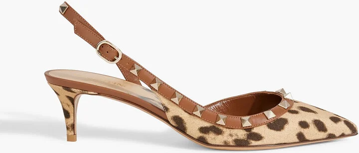 Rockstud leopard-print canvas slingback pumps