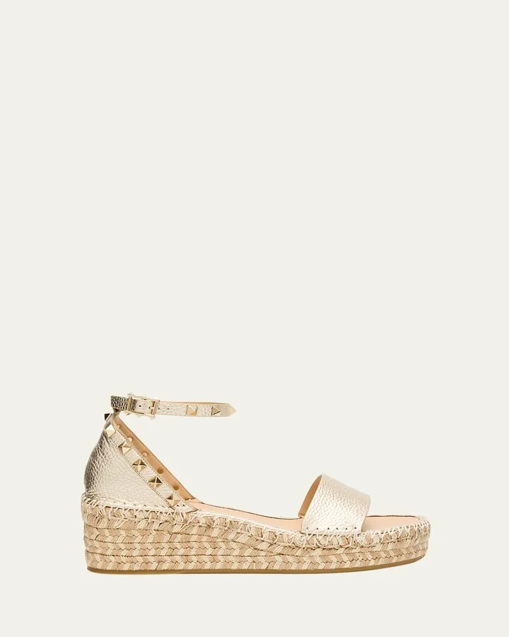 Rockstud Metallic Ankle-Strap Flatform Espadrilles