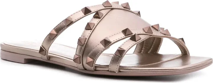Rockstud metallic leather slides - Image 2