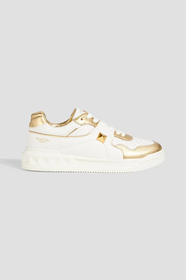Rockstud metallic smooth and pebbled-leather sneakers