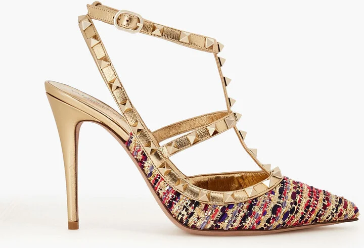 Rockstud metallic tweed and leather pumps
