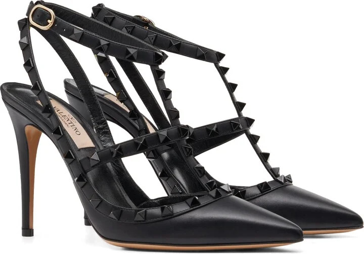 Rockstud Patent T-Strap Pointed Toe Pump