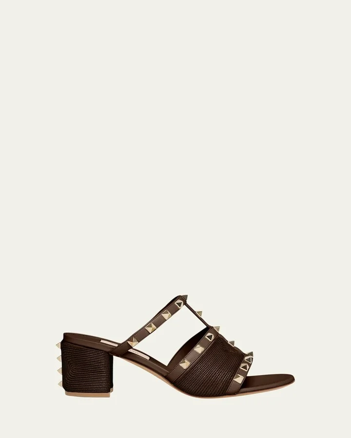 Rockstud Raffia Block-Heel Slide Sandals