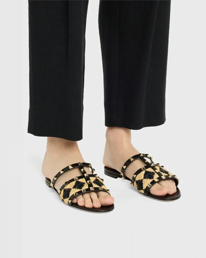 Rockstud Raffia Flat Slide Sandals - Image 4