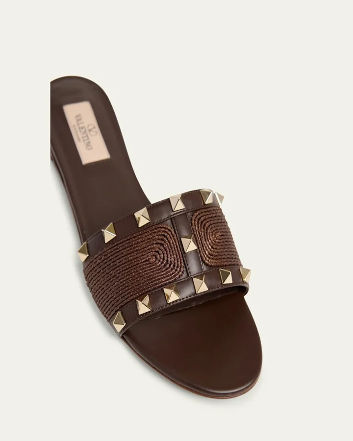 Rockstud Raffia Flat Slide Sandals - Image 2