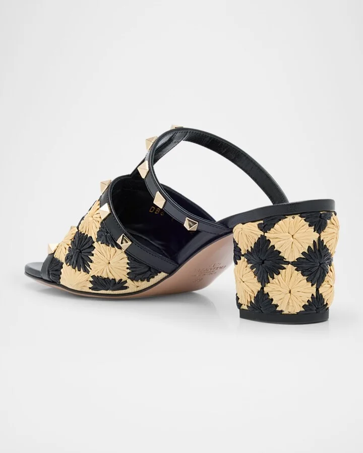 Rockstud Raffia T-Strap Slide Sandals - Image 6