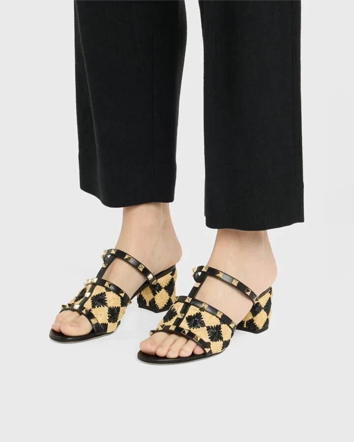 Rockstud Raffia T-Strap Slide Sandals - Image 7