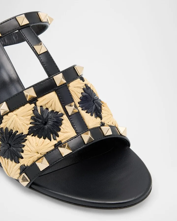 Rockstud Raffia T-Strap Slide Sandals - Image 10