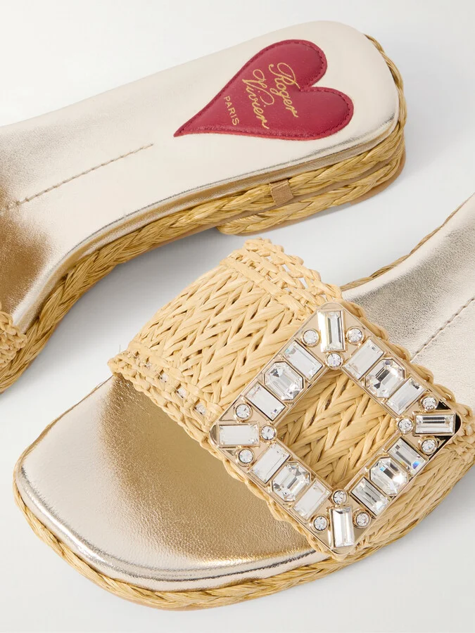 Roger Vivier - 25 Crystal-embellished Raffia Sandals - Neutrals - Image 4