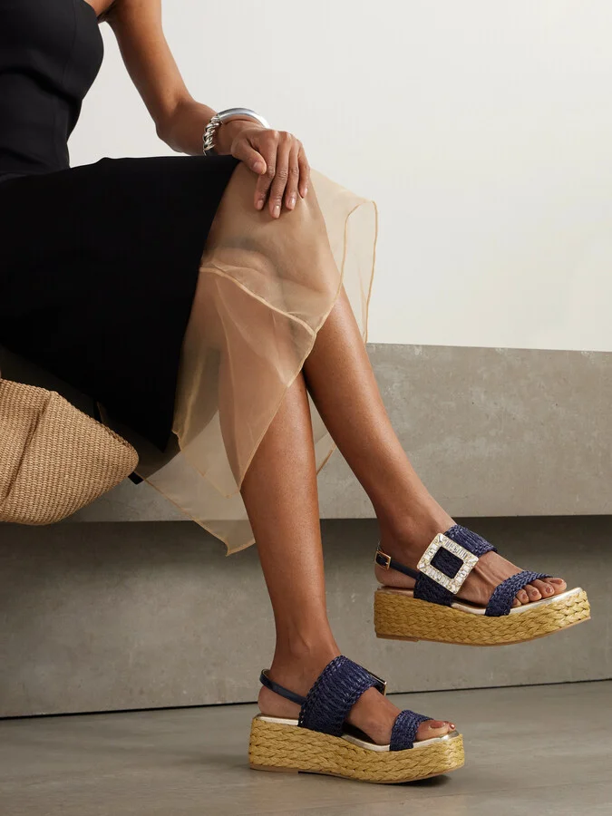 Roger Vivier - 60 Crystal-embellished Patent-leather Trimmed Raffia Platform Espadrille Sandals - Blue - Image 2