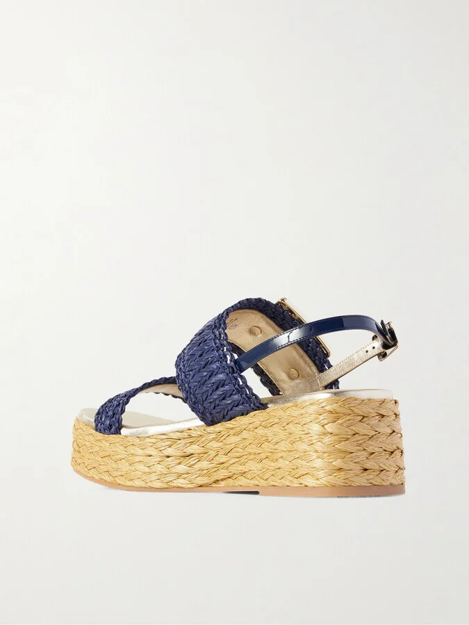 Roger Vivier - 60 Crystal-embellished Patent-leather Trimmed Raffia Platform Espadrille Sandals - Blue - Image 3
