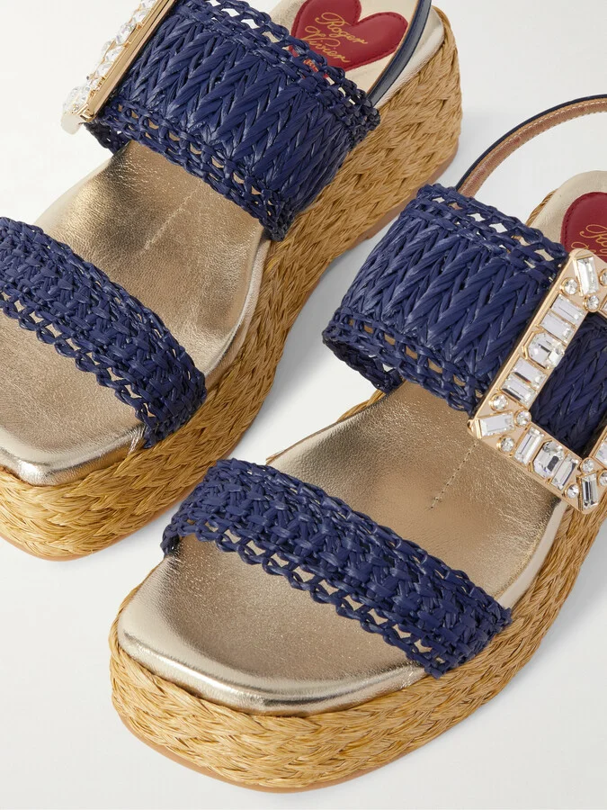 Roger Vivier - 60 Crystal-embellished Patent-leather Trimmed Raffia Platform Espadrille Sandals - Blue - Image 4