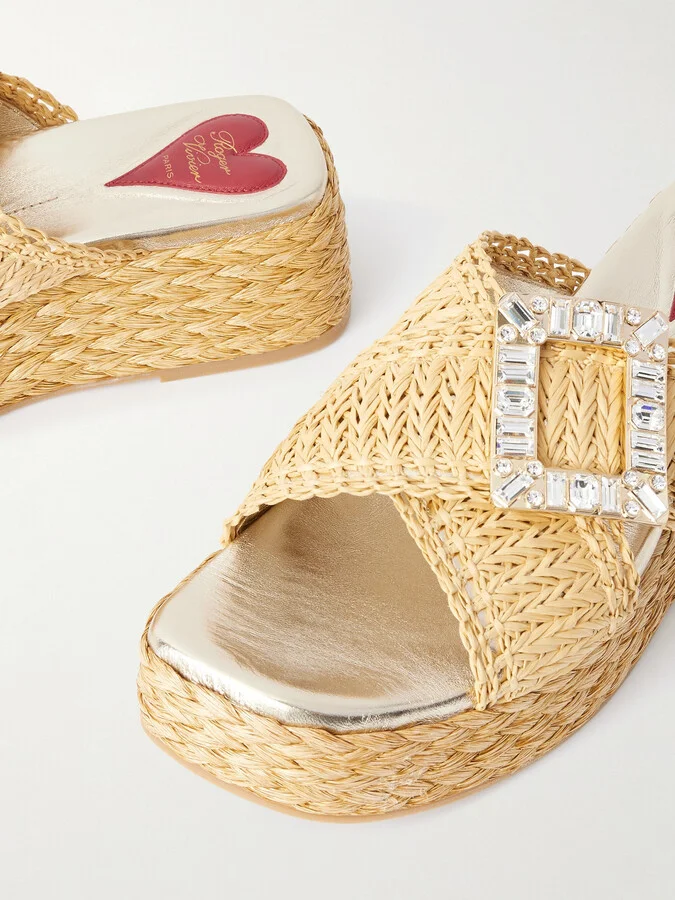 Roger Vivier - 60 Embellished Raffia Platform Mules - Neutrals - Image 4