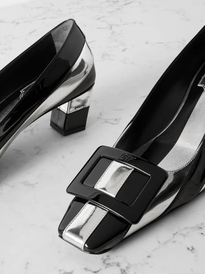 Roger Vivier - Belle Vivier 45 Embellished Striped Metallic And Patent-leather Pumps - Silver - Image 4