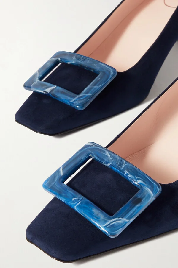 Roger Vivier - Belle Vivier 45 Embellished Suede Pumps - Blue - Image 4