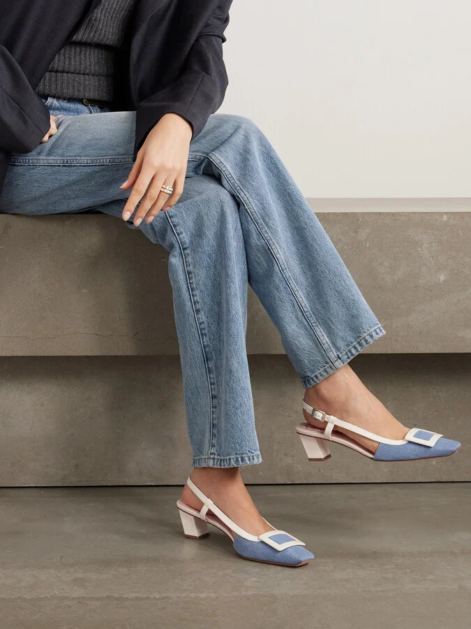 Roger Vivier - Belle Vivier 45 Patent-leather And Denim Slingback Pumps - Blue - Image 2