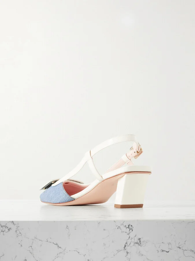 Roger Vivier - Belle Vivier 45 Patent-leather And Denim Slingback Pumps - Blue - Image 3