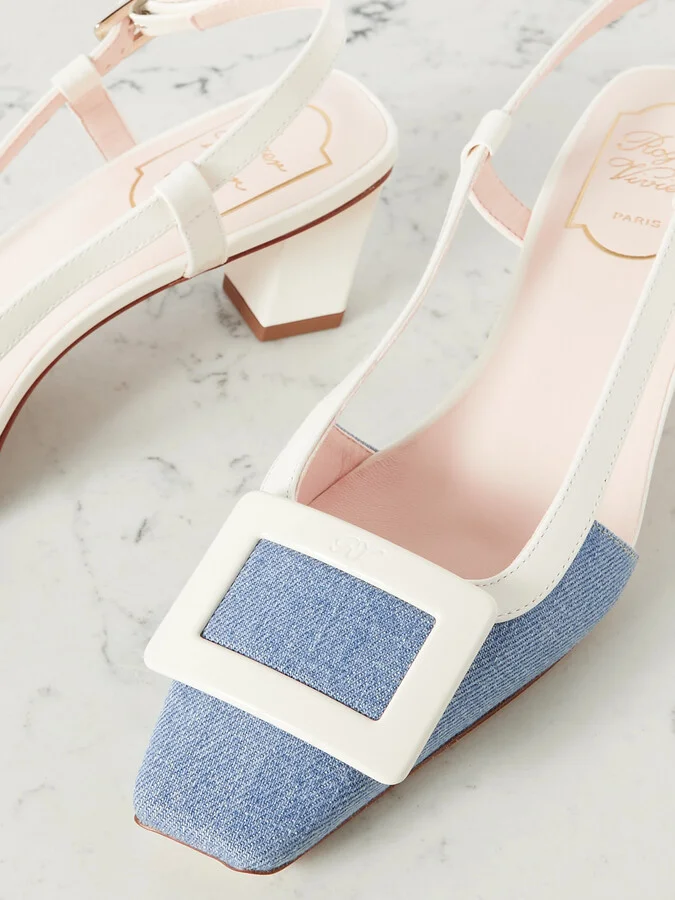 Roger Vivier - Belle Vivier 45 Patent-leather And Denim Slingback Pumps - Blue - Image 4