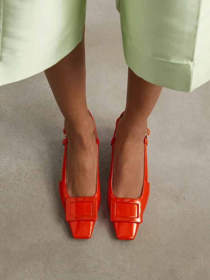 Roger Vivier - Belle Vivier 45 Patent-leather Slingback Pumps - Orange - Image 2