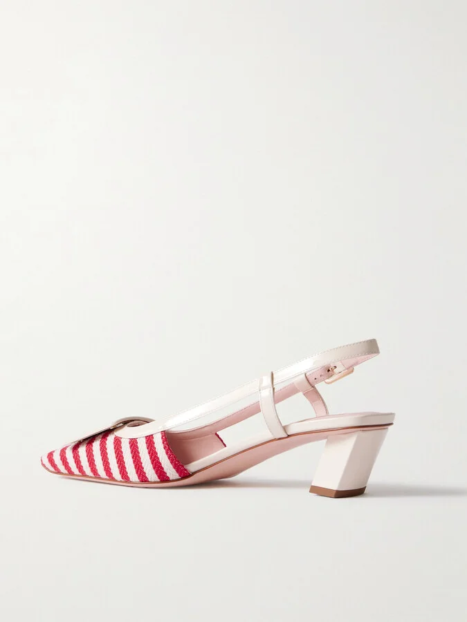 Roger Vivier - Belle Vivier 45 Patent-leather Trimmed Striped Canvas Slingback Pumps - Pink - Image 3