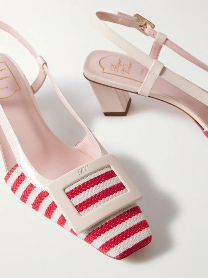 Roger Vivier - Belle Vivier 45 Patent-leather Trimmed Striped Canvas Slingback Pumps - Pink - Image 4