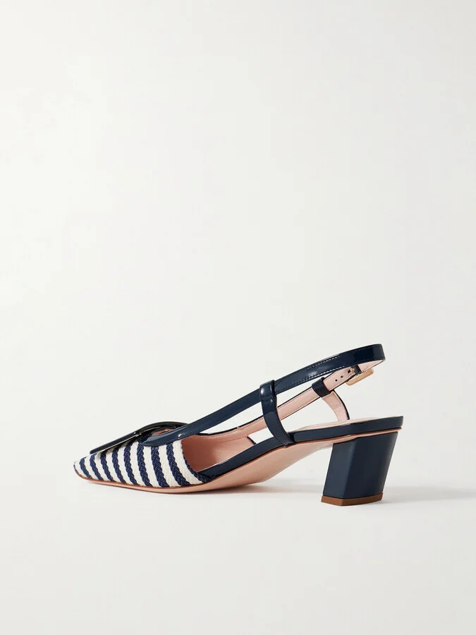 Roger Vivier - Belle Vivier 45 Patent Leather-trimmed Striped Woven Slingback Pumps - Blue - Image 3