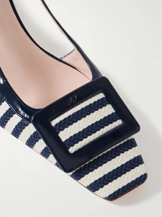 Roger Vivier - Belle Vivier 45 Patent Leather-trimmed Striped Woven Slingback Pumps - Blue - Image 4