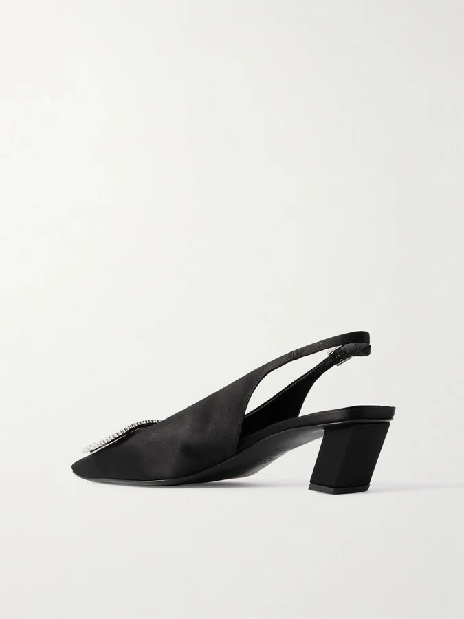 Roger Vivier - Belle Vivier Pilgrim 45 Crystal-embellished Satin Slingback Pumps - Black - Image 3