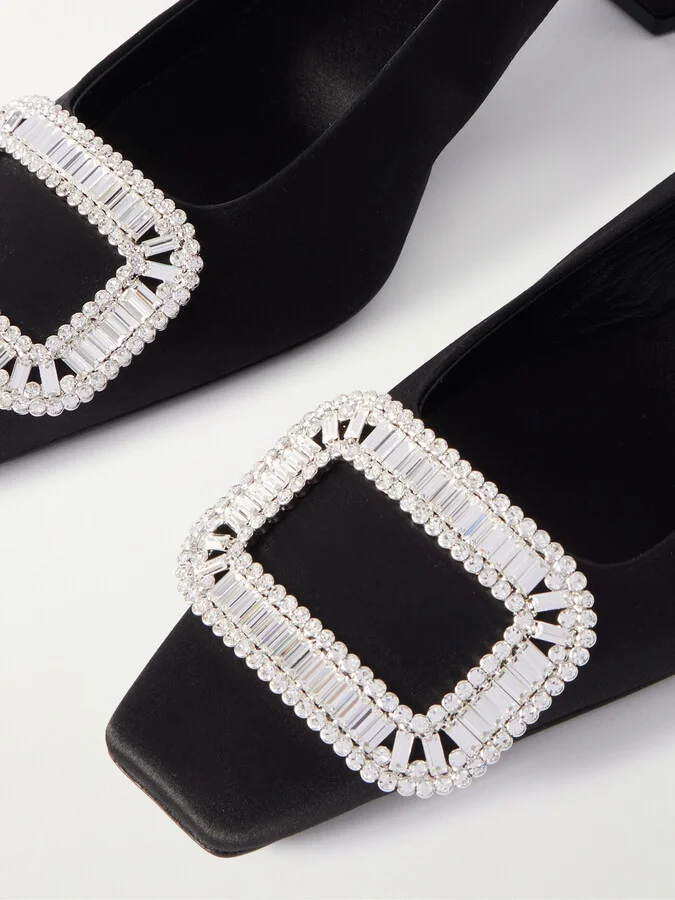 Roger Vivier - Belle Vivier Pilgrim 45 Crystal-embellished Satin Slingback Pumps - Black - Image 4