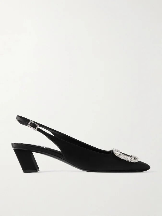 Roger Vivier - Belle Vivier Pilgrim 45 Crystal-embellished Satin Slingback Pumps - Black