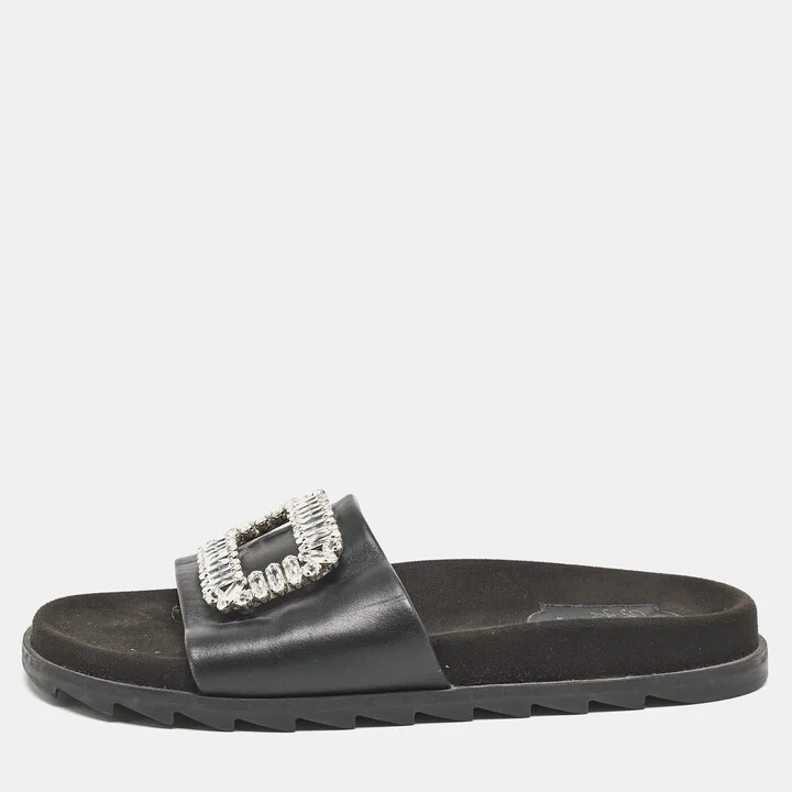 Roger Vivier Black Leather Crystal Embellished Flat Slide Sandals Size 37