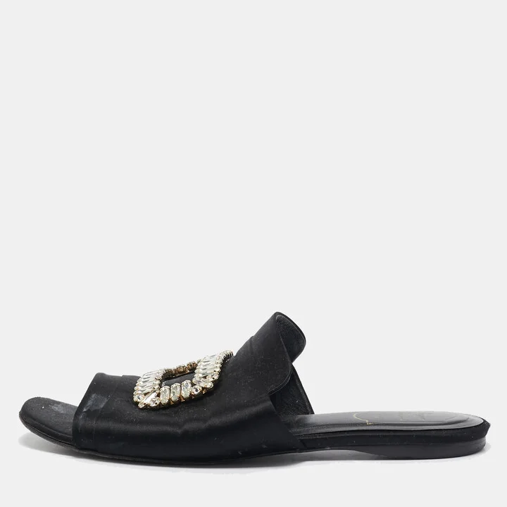 Roger Vivier Black Satin Crystal Embellished Flat Mules Size 40