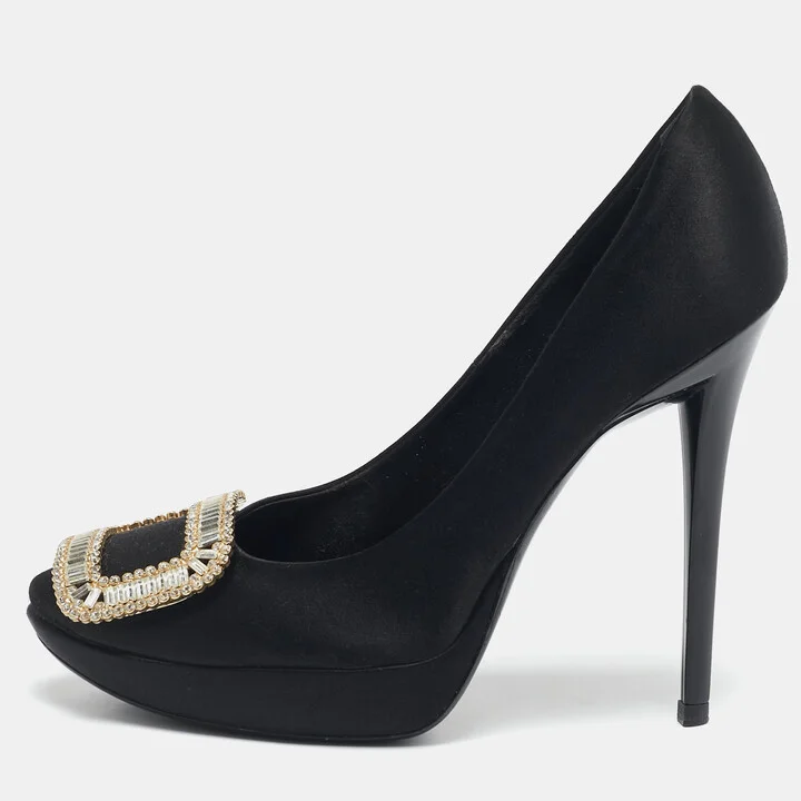 Roger Vivier Black Satin Crystal Embellished Trompette Pumps Size 38