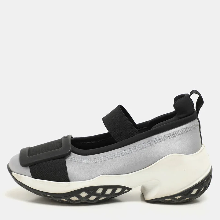 Roger Vivier Blue/Black Satin Embellished Slip On Sneakers Size 37
