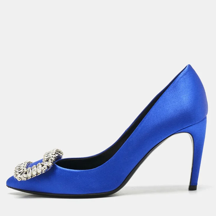 Roger Vivier Blue Satin Trompette Crystals Pumps Size 35.5