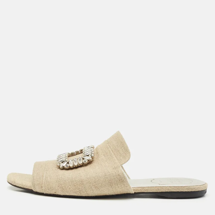 Roger Vivier Cream Canvas Tiffany Buckle Flat Slides Size 41