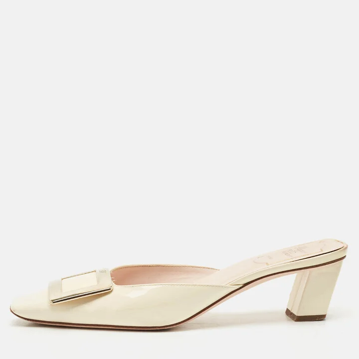 Roger Vivier Cream Patent Leather Belle Vivier Mules Size 37