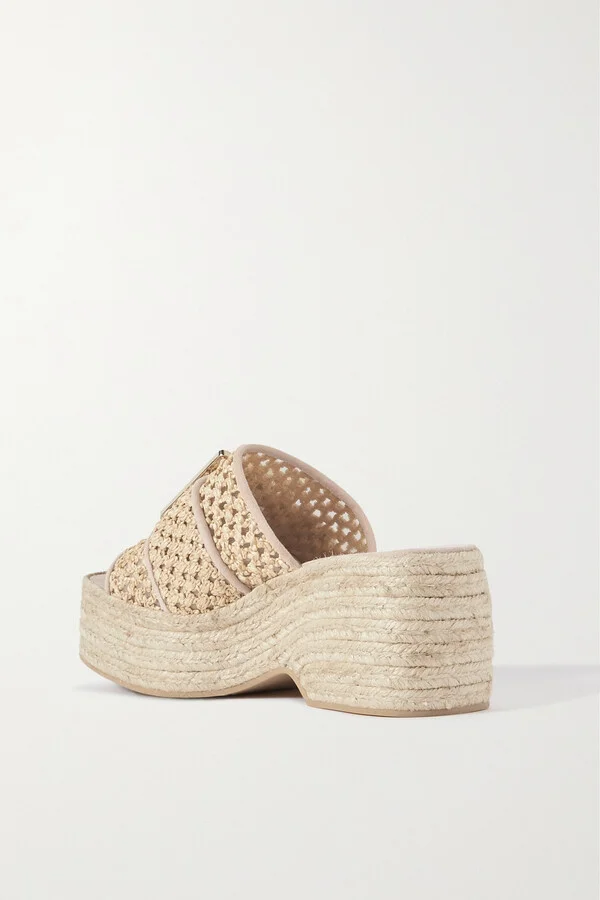 Roger Vivier - Crystal-embellished Suede-trimmed Raffia Platform Mules - Neutrals - Image 3