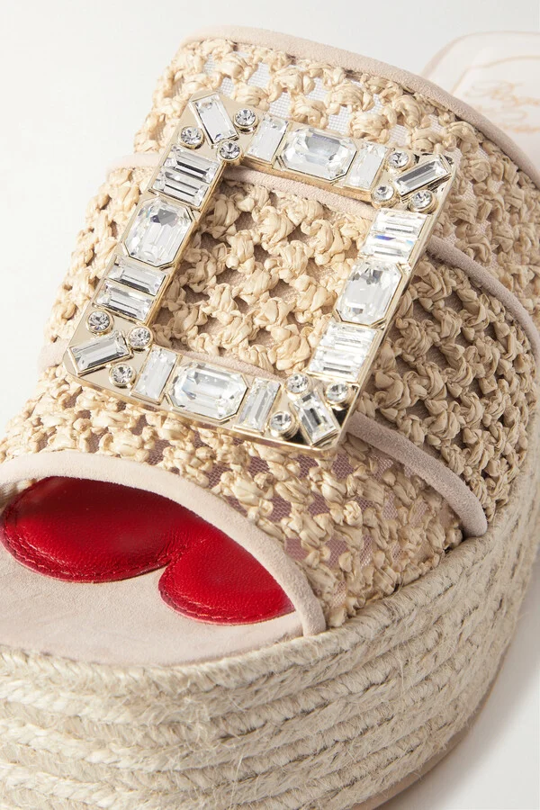 Roger Vivier - Crystal-embellished Suede-trimmed Raffia Platform Mules - Neutrals - Image 4