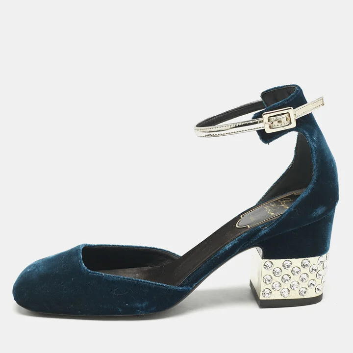 Roger Vivier Dark Blue Velvet Crystal Embellished Block Heel Ankle Strap Sandals Size 36